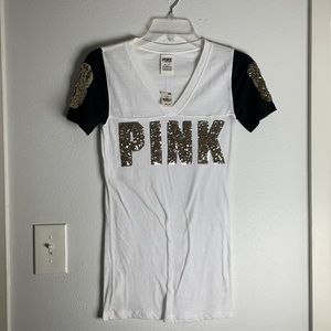 XS Victoria’s Secret v-neck PINK lettering in gold sequin with #8 on sleeves